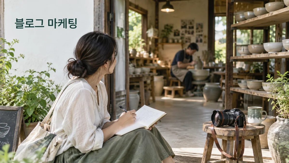 도예 작업실을 방문한 작성자가 현장을 관찰하며 노트에 기록하는 기획 이미지입니다.