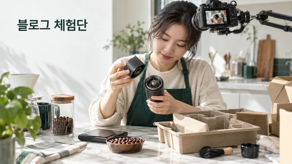 주방에서 커피 그라인더를 개봉하고 구성품을 살펴보며 기록하는 기획 이미지입니다.