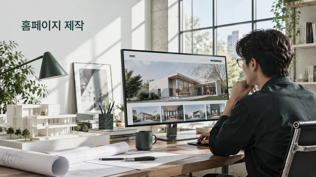 건축 모형과 도면 옆에서 포트폴리오 홈페이지 화면을 검토하는 기획 이미지입니다.