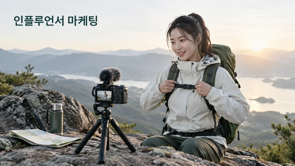 산 전망대에서 크리에이터가 카메라를 향해 등산 배낭 사용법을 촬영하는 기획 이미지입니다.