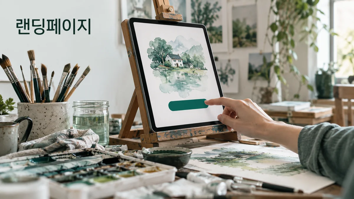 수채화 작업실에서 이용자가 태블릿의 클래스 신청 화면을 확인하는 기획 이미지입니다.