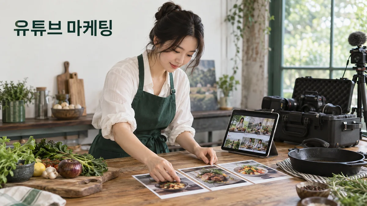 요리 콘텐츠의 촬영 사진과 도구를 놓고 영상 주제를 정리하는 기획 이미지입니다.