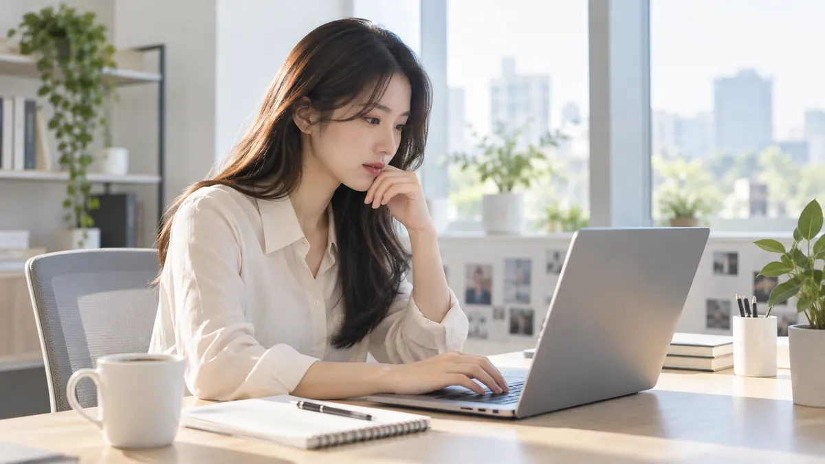 사무실 책상에서 마케터가 노트북으로 광고 계정 설정을 점검하는 기획 이미지