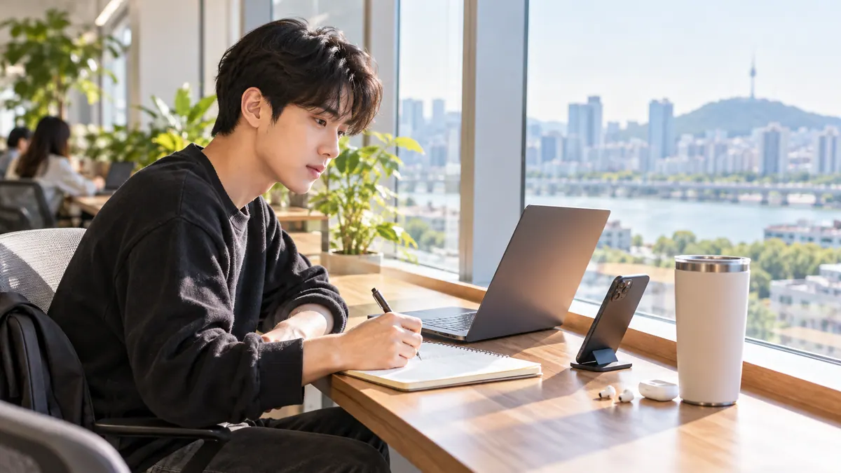 대학생 창업자가 공유 오피스 책상에서 노트북과 휴대폰에 같은 질문을 넣어 나온 답을 비교하며 메모하는 기획 이미지