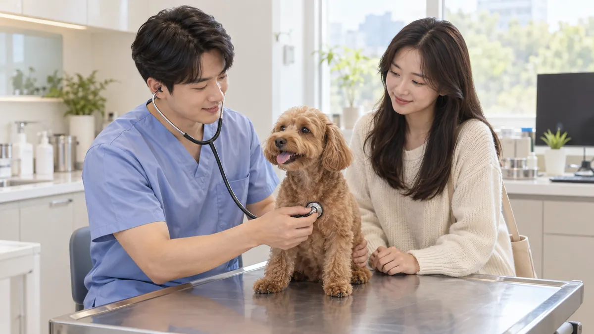 동물병원 진료실에서 수의사가 보호자 옆에서 반려견을 살펴보는 장면의 기획 이미지