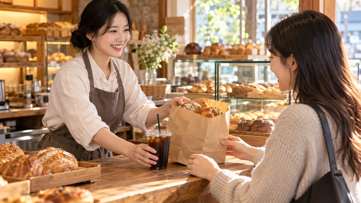 동네 빵집 계산대에서 점원이 손님이 고른 빵과 음료를 포장하는 기획 이미지