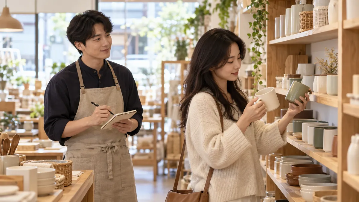 작은 가게 사장님이 진열대 앞에서 손님이 상품을 고르는 모습을 보며 메모하는 기획 이미지