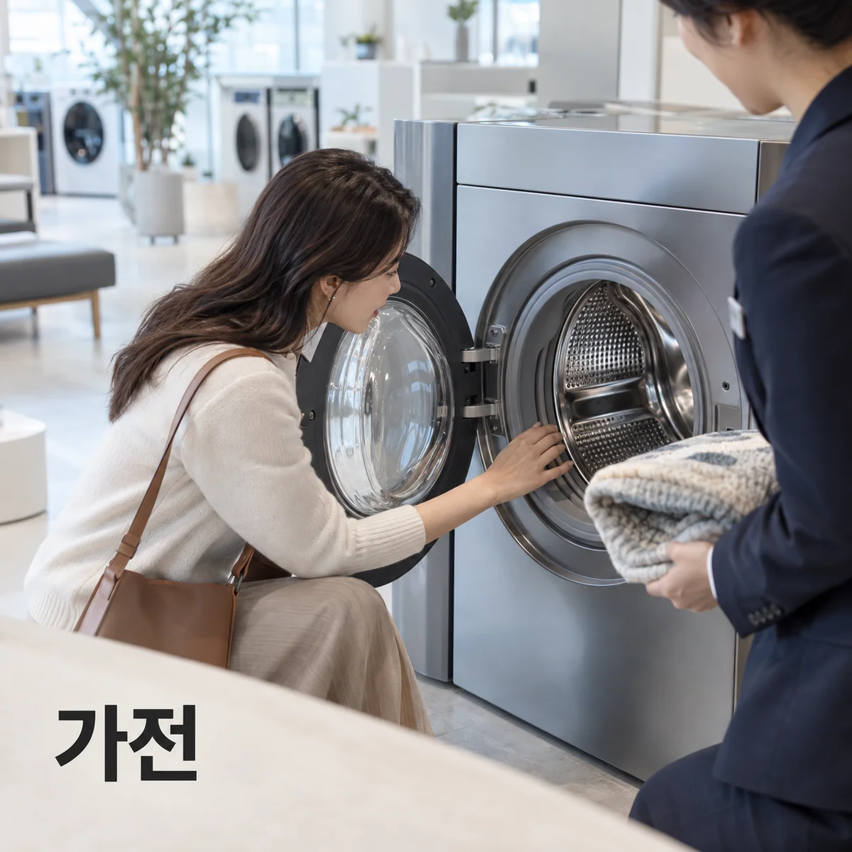 가전 전시장에서 세탁기 내부를 살펴보며 제품을 확인하는 기획 이미지