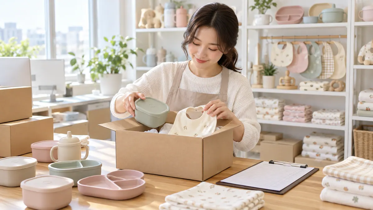 유아용품 쇼핑몰 직원이 밝은 사무실에서 이유식 용기와 턱받이를 상자에 담아 체험 발송 목록을 확인하는 기획 이미지