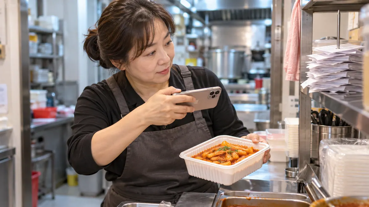 동네 분식집 사장님이 주방 출입구 앞에서 포장 용기에 담긴 떡볶이를 휴대폰으로 찍고 주문 전표를 확인하는 기획 이미지