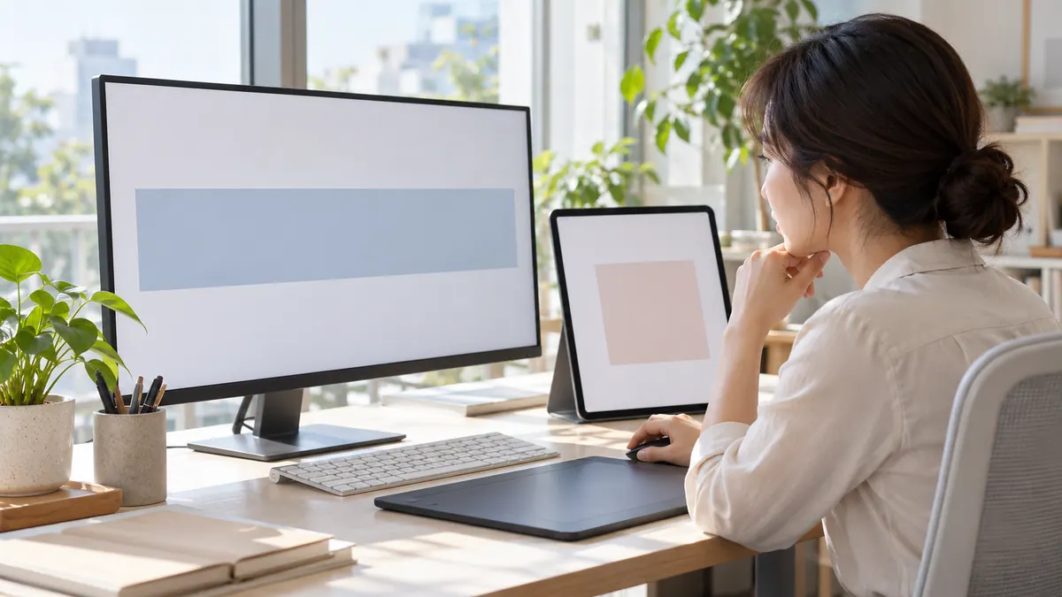 디자인 작업 책상에서 담당자가 모니터와 태블릿에 서로 다른 크기의 빈 광고 틀을 띄워 비교하는 기획 이미지