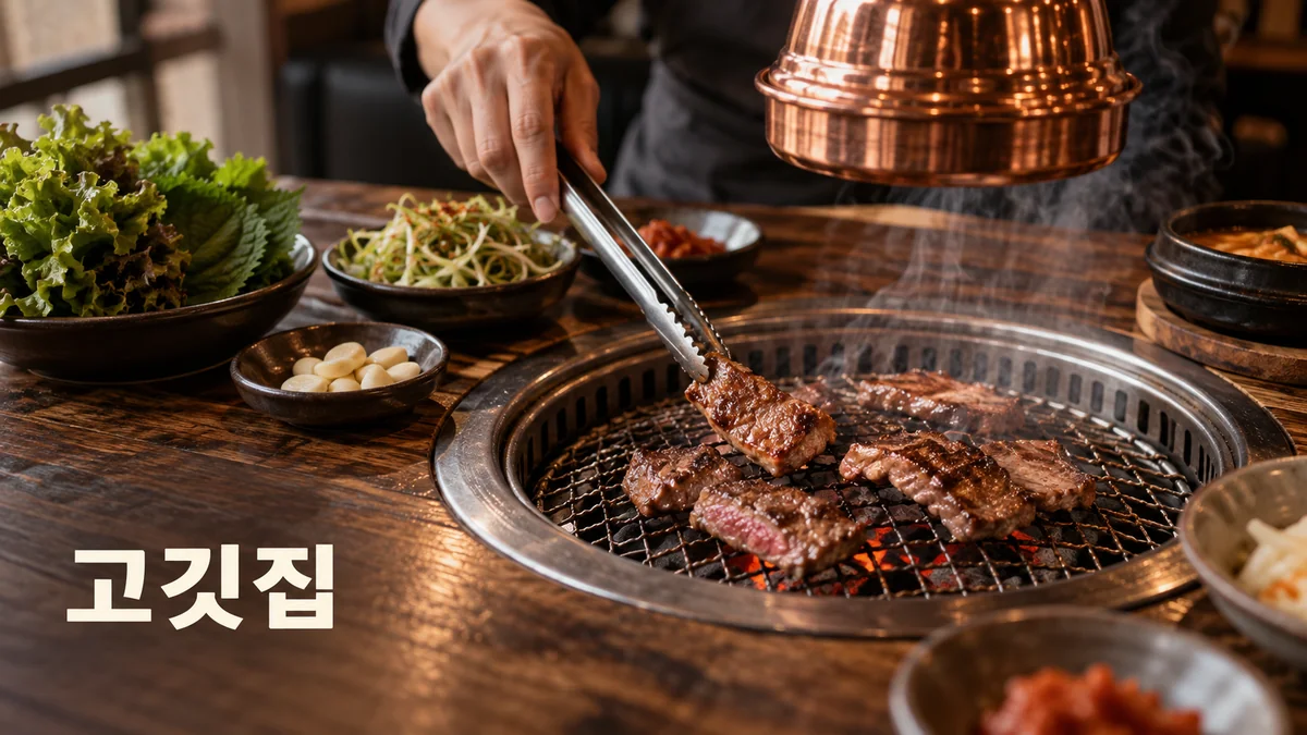 고깃집 테이블에서 집게로 숯불 위 고기를 굽는 기획 이미지