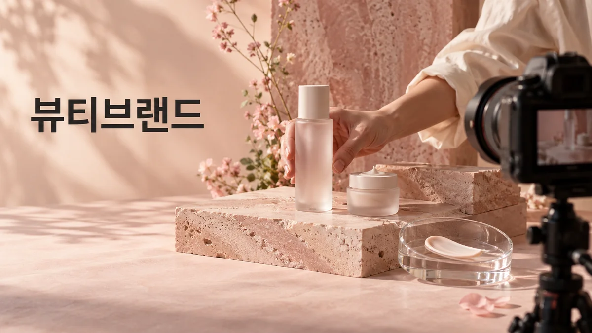 카메라 앞에서 화장품 용기의 위치를 조정하는 제품 촬영 준비 기획 이미지