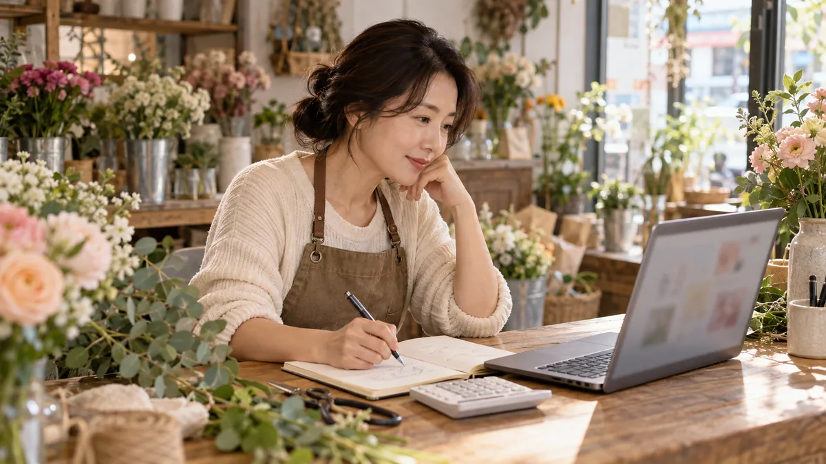 동네 꽃집 사장님이 노트북 옆에 계산기와 수첩을 두고 한 달 홍보 예산을 정리하는 기획 이미지