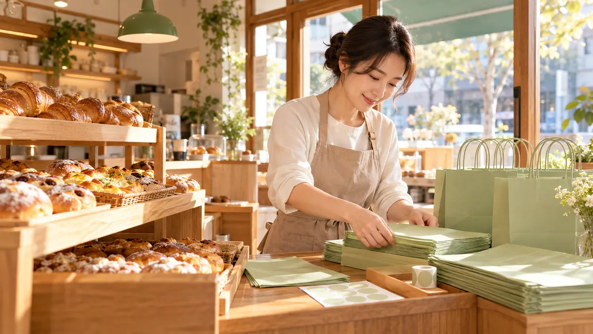동네 베이커리 매장에서 사장님이 같은 색 포장지와 쇼핑백을 진열대에 가지런히 놓는 기획 이미지