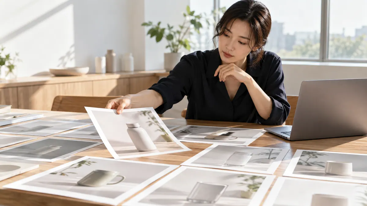 브랜드 담당자가 회의 탁자에서 제품 사진 출력물을 나란히 펼쳐 놓고 노트북 옆에서 첫 화면에 쓸 사진을 고르는 기획 이미지