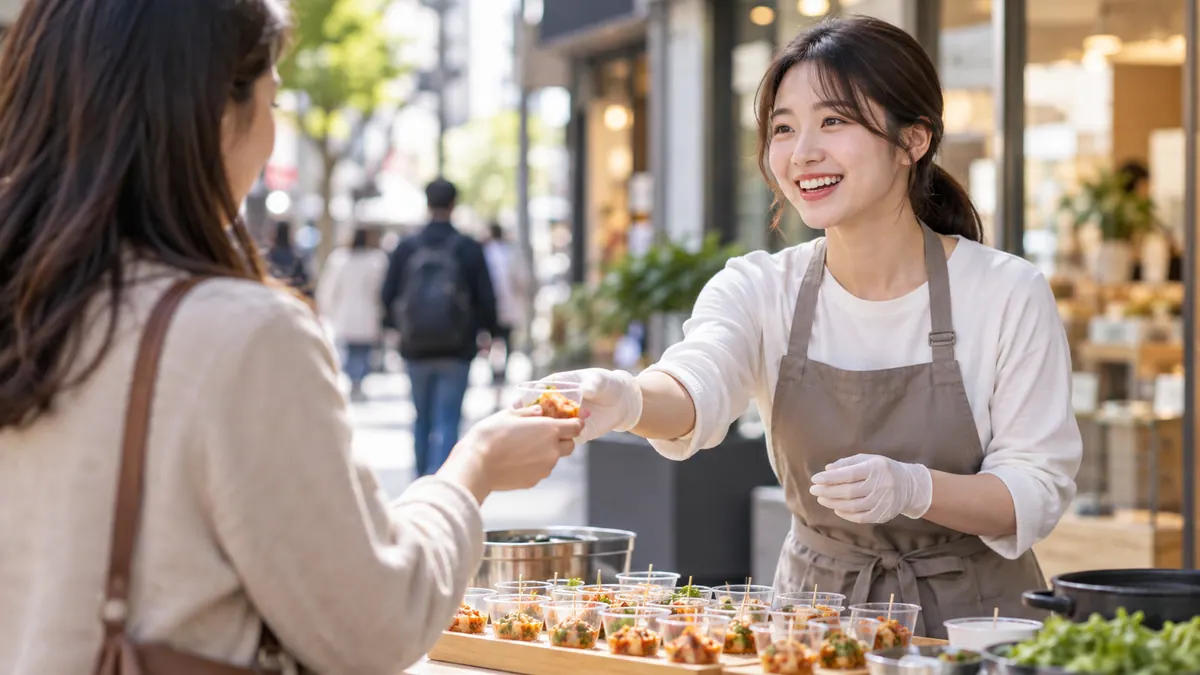 동네 상가 앞 작은 시식대에서 직원이 지나가는 손님에게 시식 컵을 건네는 기획 이미지