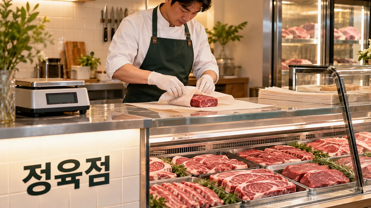 정육점에서 직원이 손질된 고기를 포장지로 감싸는 준비 작업 기획 이미지