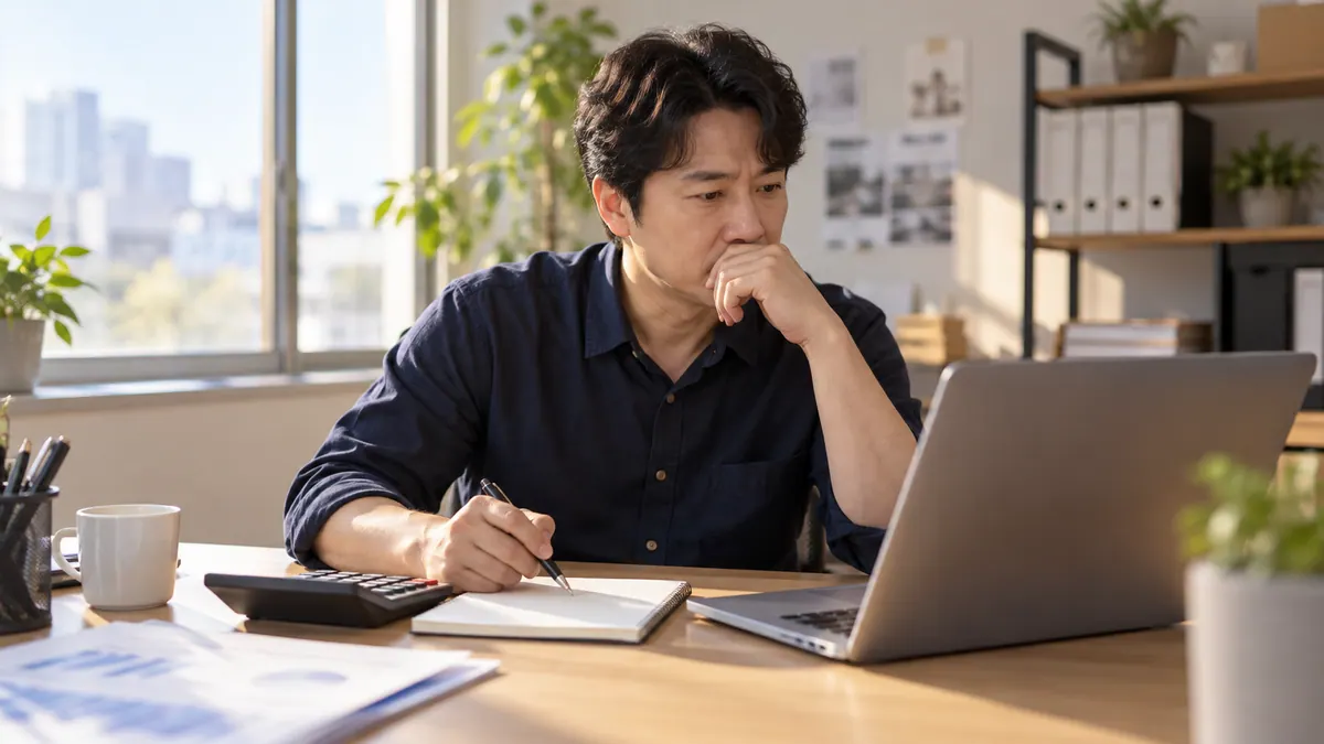 작은 사무실 책상에서 사장님이 계산기와 빈 메모지를 앞에 두고 노트북으로 광고비를 정리하는 기획 이미지