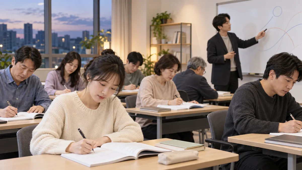 자격증 학원 강의실에서 성인 수강생들이 문제집을 풀고 강사가 설명하는 기획 이미지