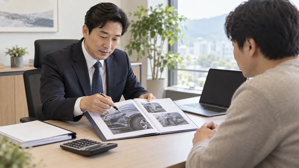 손해사정 사무실에서 담당자가 사고 서류와 사진을 의뢰인과 함께 검토하는 기획 이미지