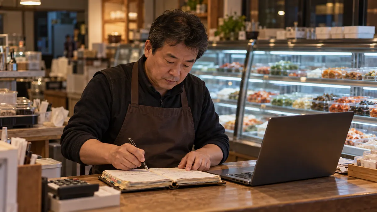 동네 반찬가게 사장님이 마감 뒤 계산대에서 노트북 표와 단골 장부를 나란히 펼쳐 달별 손님을 세는 기획 이미지