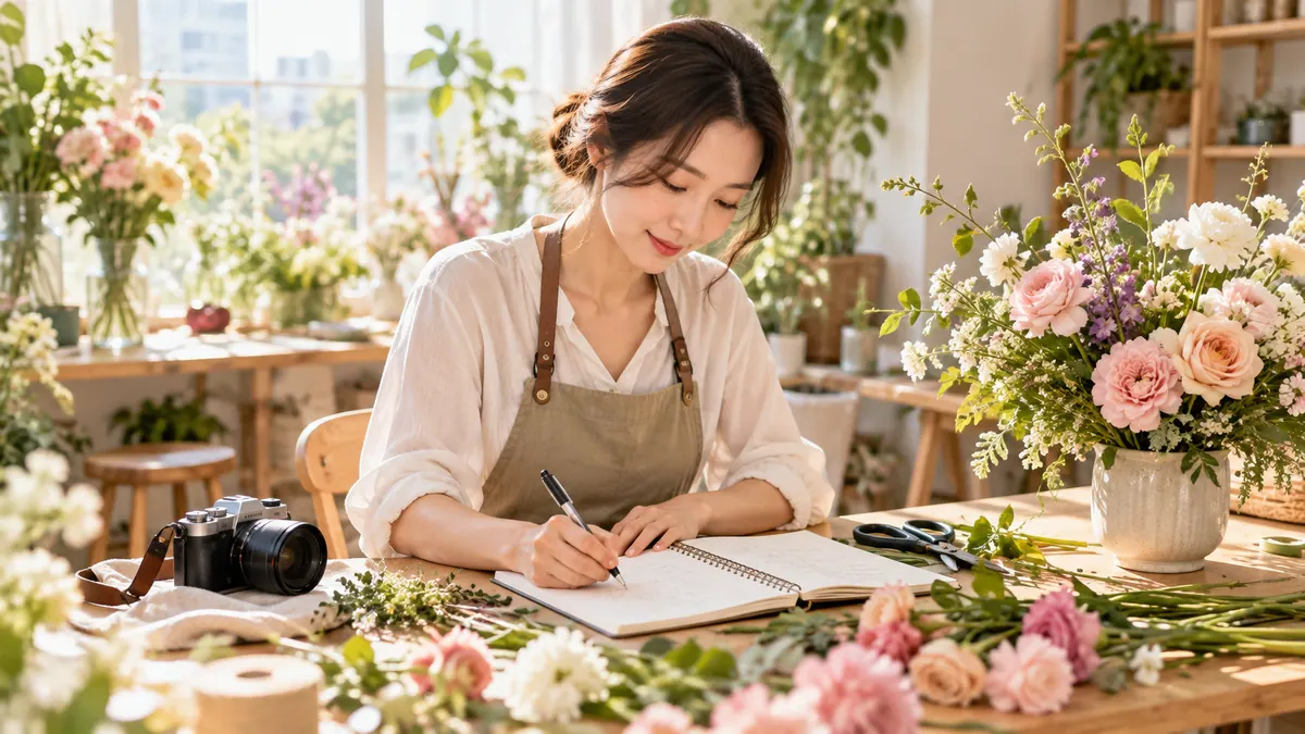 동네 꽃꽂이 교실 강사가 작업대 위에 카메라와 노트를 두고 다음 글에 쓸 수업 과정을 순서대로 적는 기획 이미지