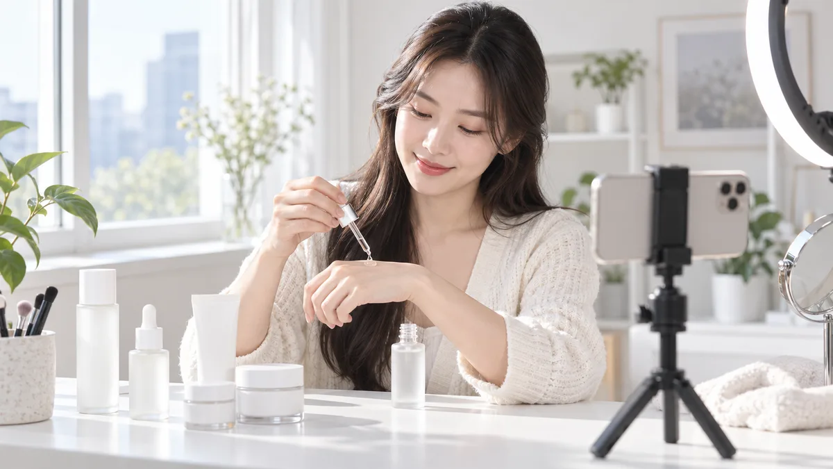 밝은 테이블에서 크리에이터가 스킨케어 제품을 손등에 덜어 보며 촬영을 준비하는 기획 이미지