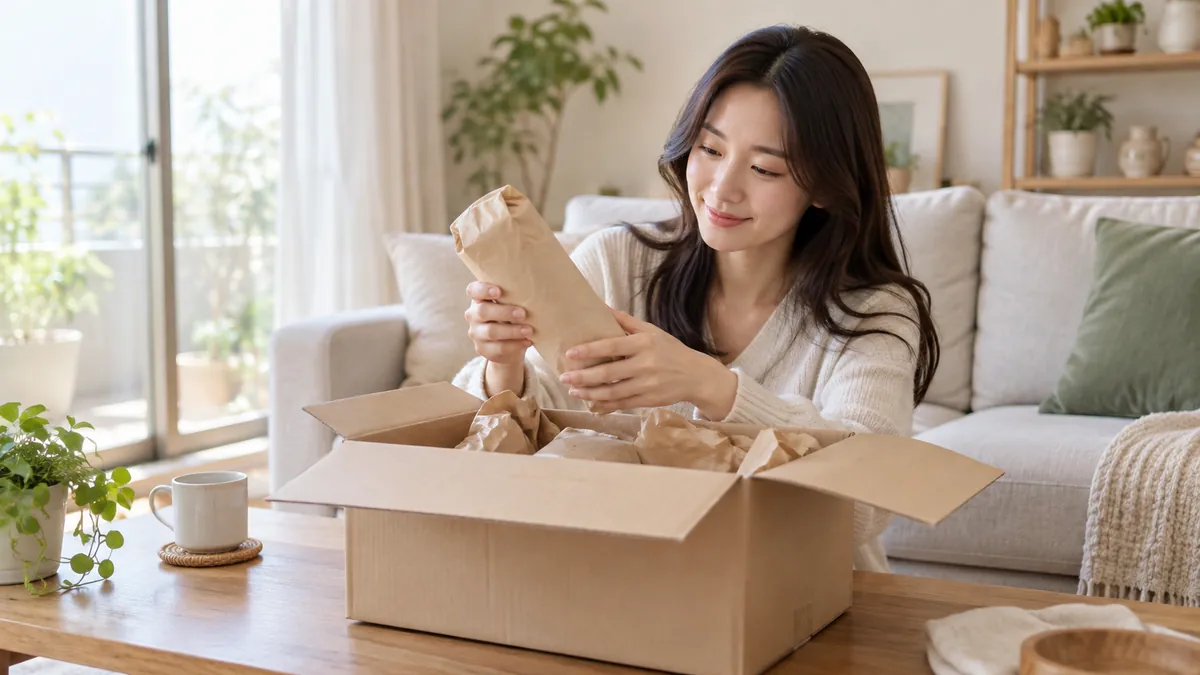 집 거실 테이블에서 소비자가 택배로 받은 생활용품 상자를 열어 살펴보는 기획 이미지