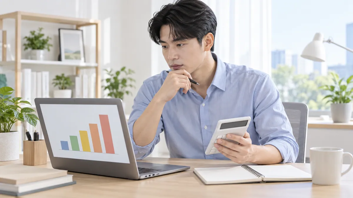 마케팅 담당자가 노트북 화면의 상담 신청 수와 광고비를 계산기로 맞춰 보는 기획 이미지