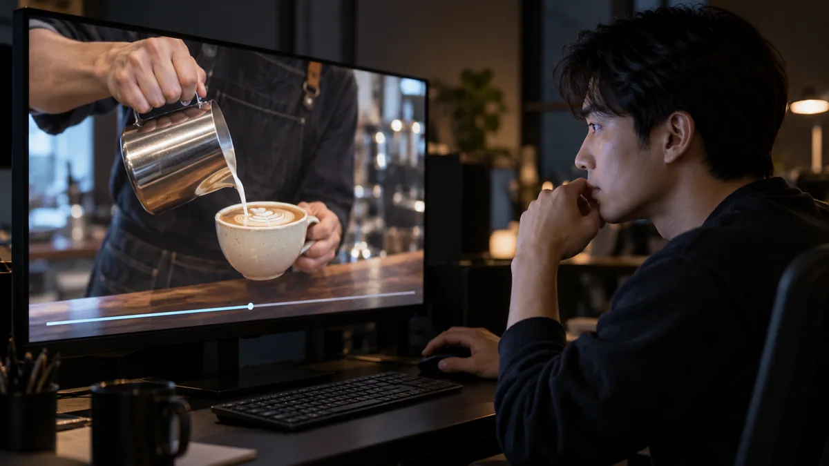편집실에서 담당자가 모니터에 띄운 짧은 영상 장면의 재생 구간을 확인하는 기획 이미지