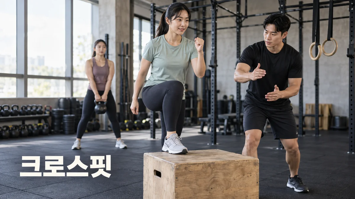 크로스핏 체육관에서 코치가 성인의 박스 스텝업 자세를 안내하는 기획 이미지.