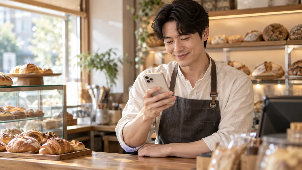 동네 빵집 계산대 앞에서 사장님이 휴대폰으로 동네 손님 반응을 확인하는 기획 이미지