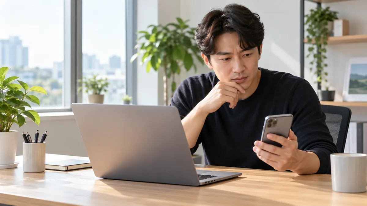 작은 사무실에서 사장님이 노트북과 휴대폰을 나란히 놓고 광고 설정을 비교하는 기획 이미지