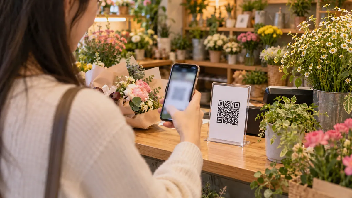 꽃집 계산대에서 손님이 스마트폰 카메라로 작은 QR 안내판을 비추는 기획 이미지