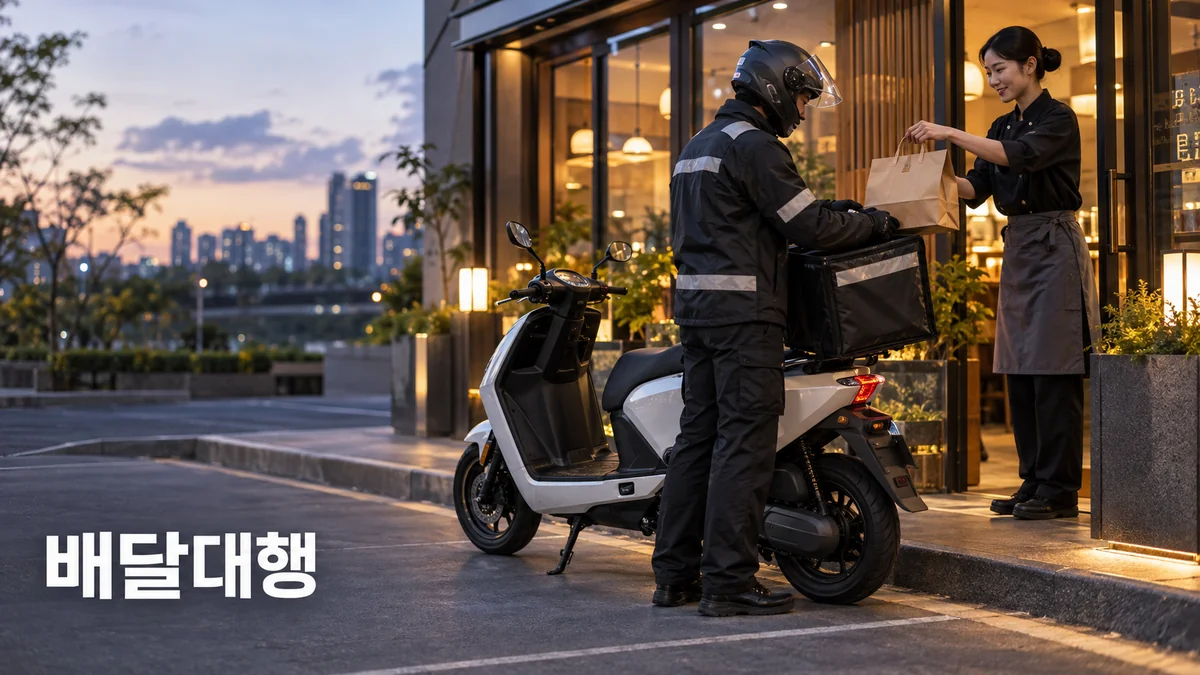 음식점 직원과 배달 기사가 정차된 이동수단 옆에서 포장 주문을 인계하는 기획 이미지.