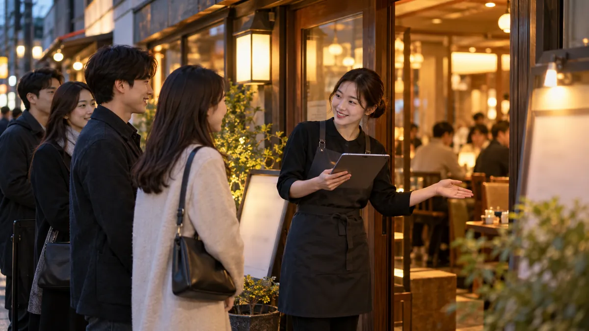 인기 식당 입구에서 직원이 예약 손님 명단을 확인하며 대기 손님을 안내하는 기획 이미지