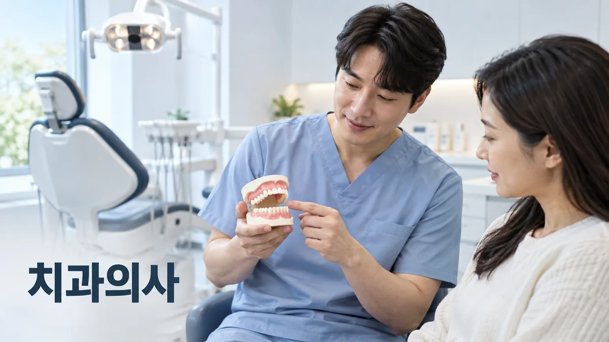 치과의사가 치아 모형을 들고 성인에게 설명하는 모습을 표현한 기획 이미지.
