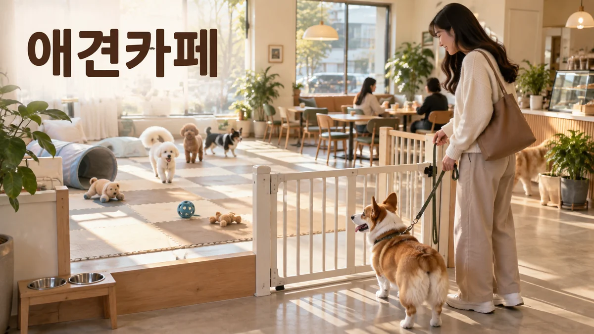 안전 게이트 앞에서 목줄을 맨 반려견과 카페 공간을 살피는 보호자를 표현한 기획 이미지입니다.