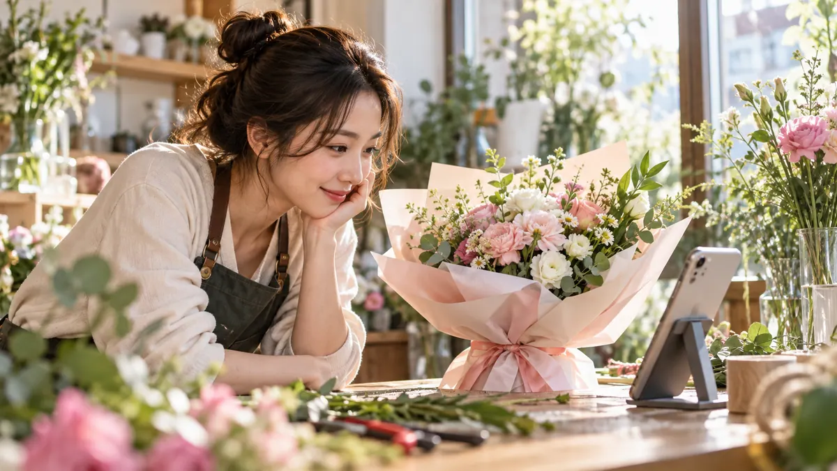 동네 꽃집 작업대에서 사장님이 꽃다발 옆에 세운 스마트폰으로 게시물 반응을 확인하는 기획 이미지