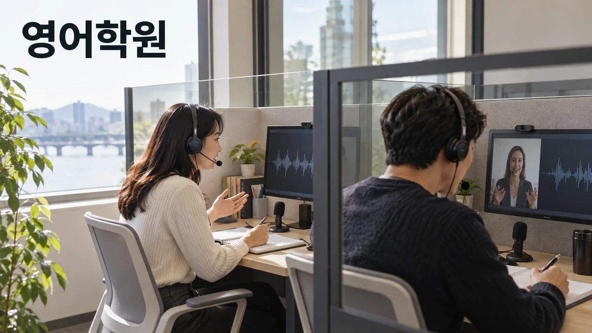 성인 학습자들이 개별 부스에서 헤드셋을 착용하고 회화 연습을 하는 기획 이미지입니다.