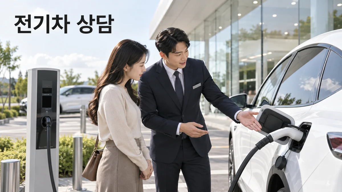 충전 구역에서 전기차 충전 포트를 함께 살펴보는 상담 장면을 표현한 기획 이미지입니다.