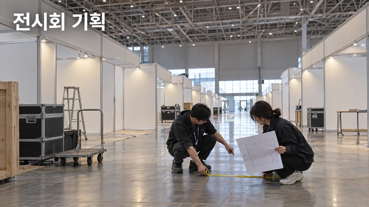 전시장의 부스 사이에서 운영자들이 평면도와 통로 폭을 확인하는 기획 이미지입니다.