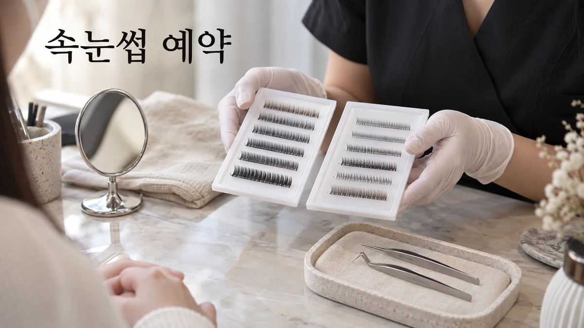 미용 상담 테이블에서 관리사가 속눈썹 샘플의 컬을 비교해 보여주는 기획 이미지입니다.