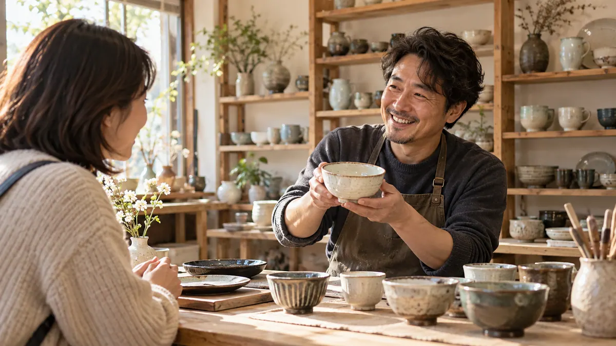 작은 도자기 공방에서 사장님이 단골 손님에게 새로 구운 그릇을 먼저 보여주며 이야기하는 기획 이미지