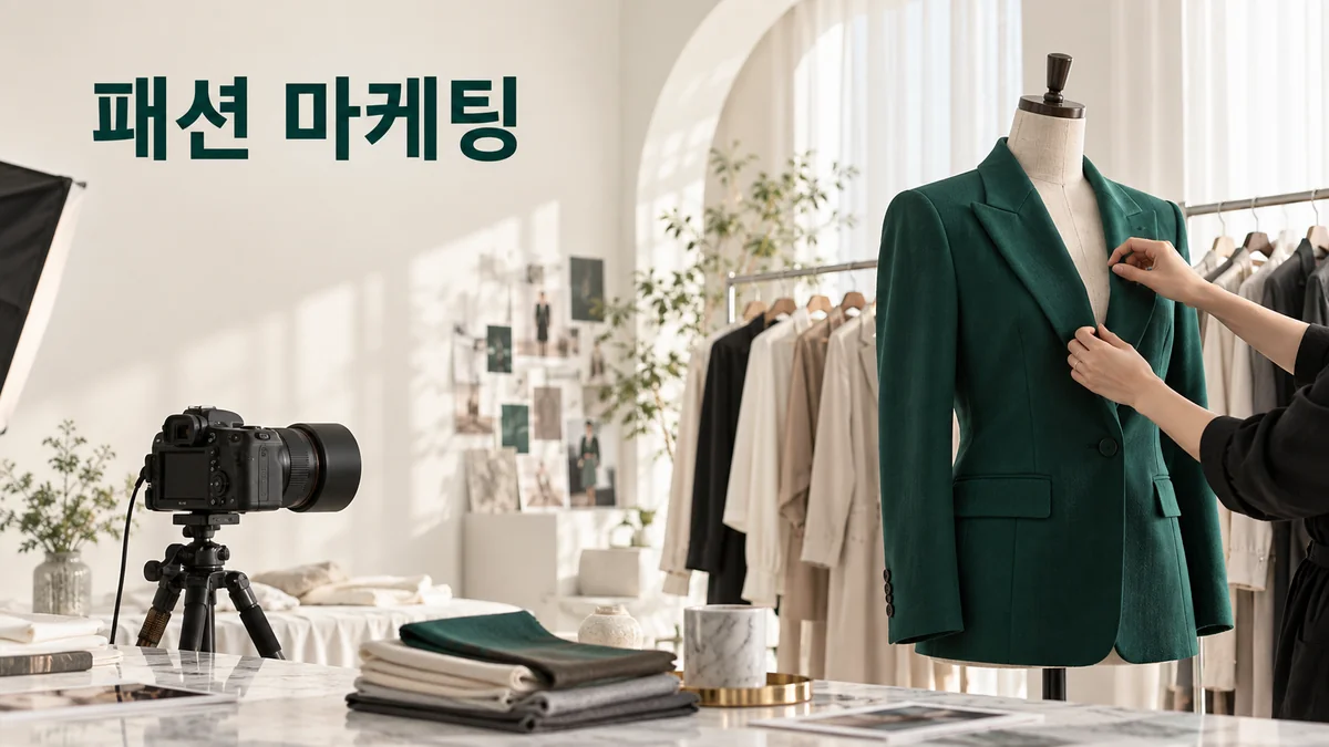 패션 촬영 스튜디오에서 마네킹에 입힌 초록 재킷을 정돈하는 기획 이미지