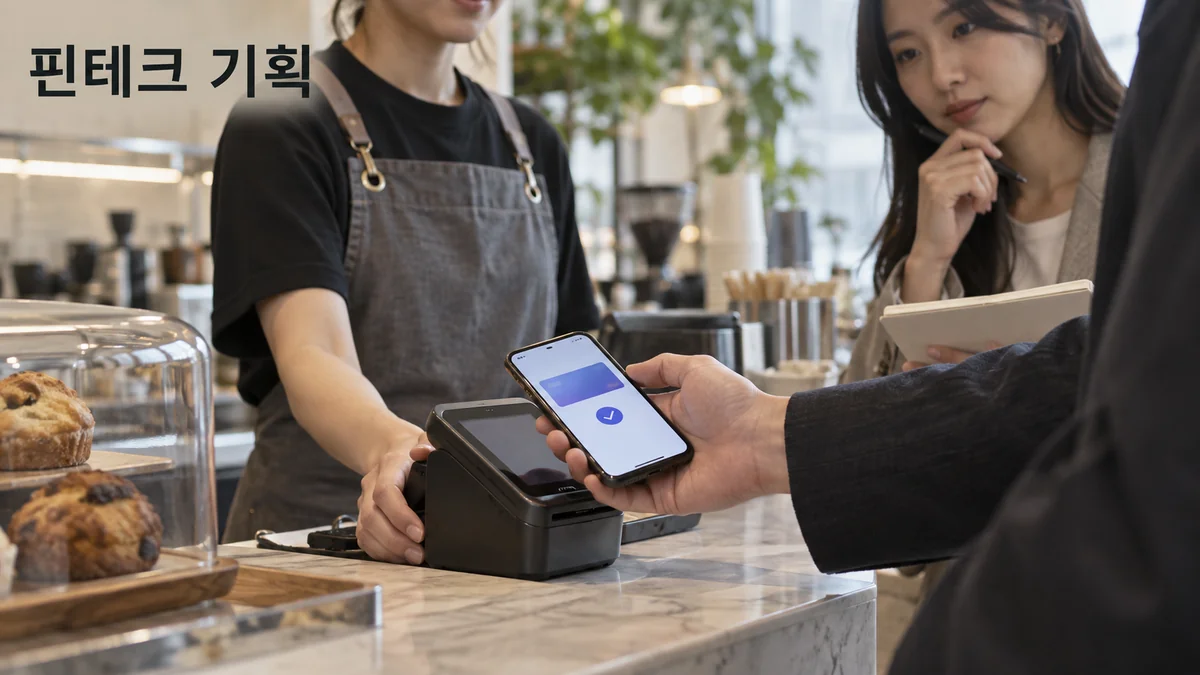 카페 계산대에서 스마트폰 결제 동선을 관찰하는 핀테크 기획 장면입니다.