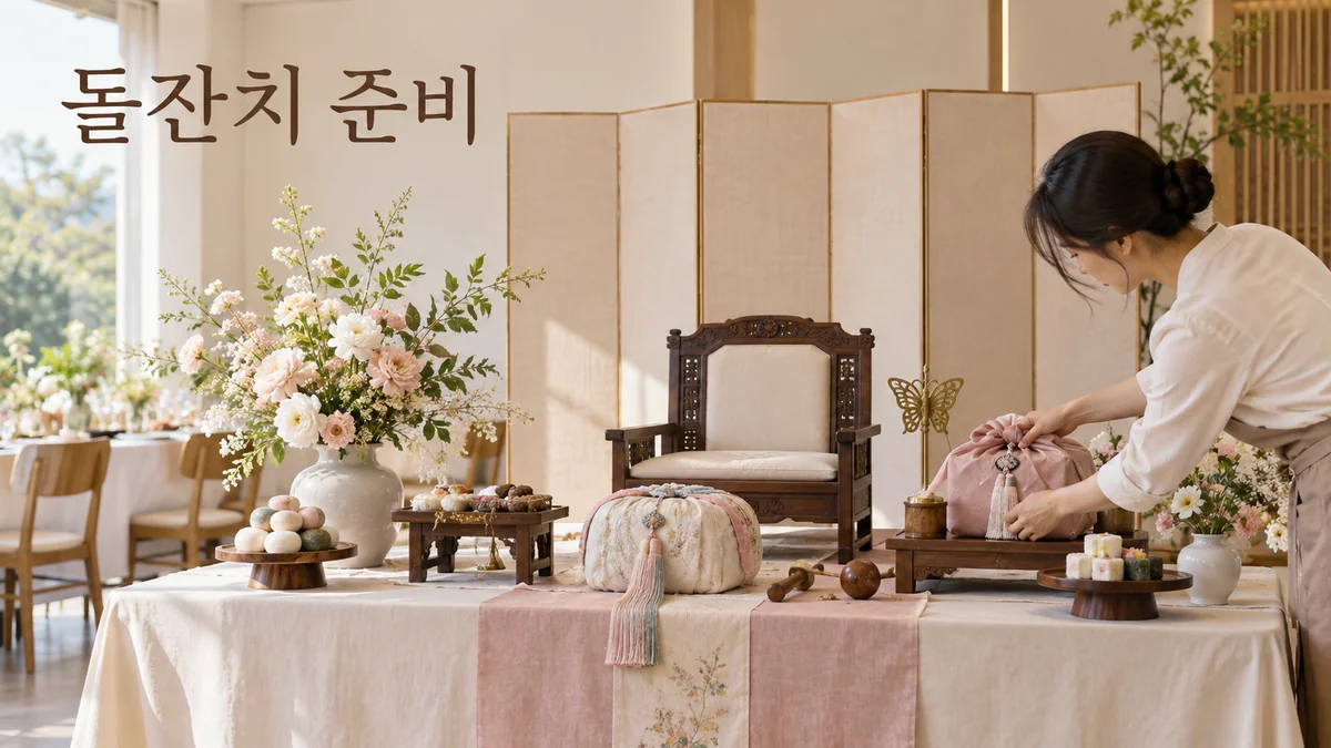 연회 공간에서 진행자가 돌상의 보자기와 소품을 정리하는 기획 이미지입니다.