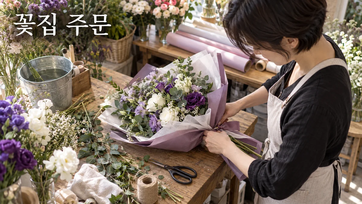 꽃 작업실에서 플로리스트가 꽃다발을 묶고 포장하는 기획 이미지입니다.