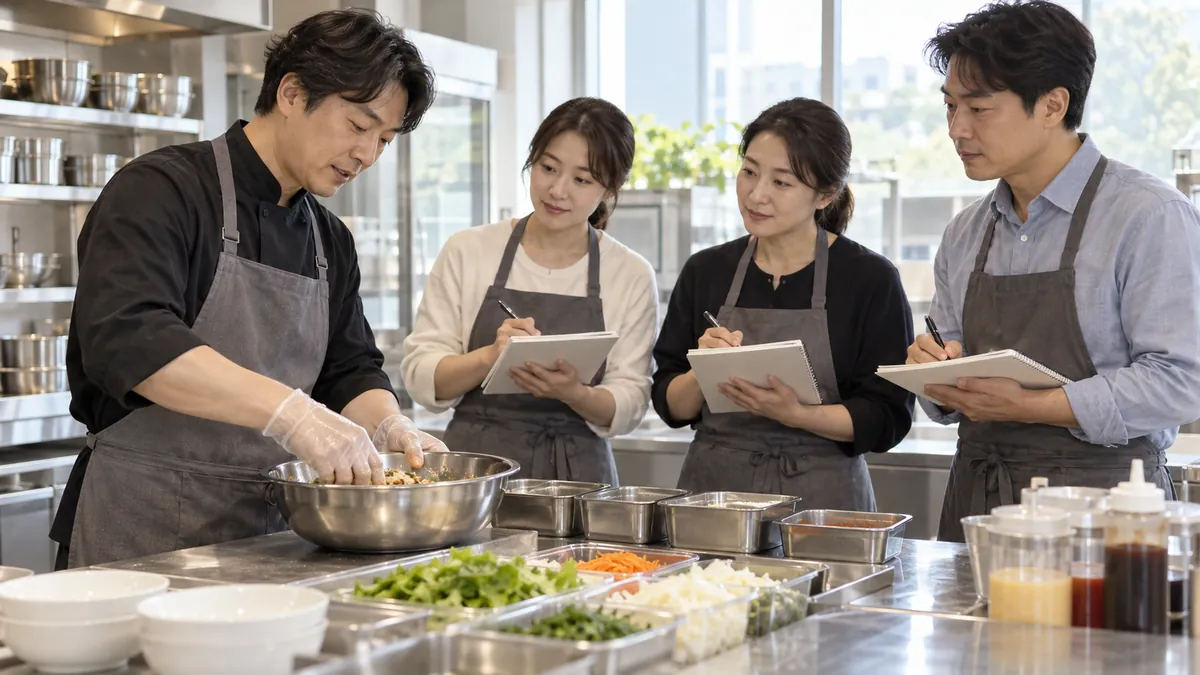 가맹본부 교육장에서 교육 담당자가 예비 가맹점주들에게 조리 과정을 시연하는 기획 이미지